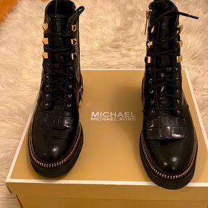 MICHAEL KORS BLACK CROCODILE COMBAT BOOTS